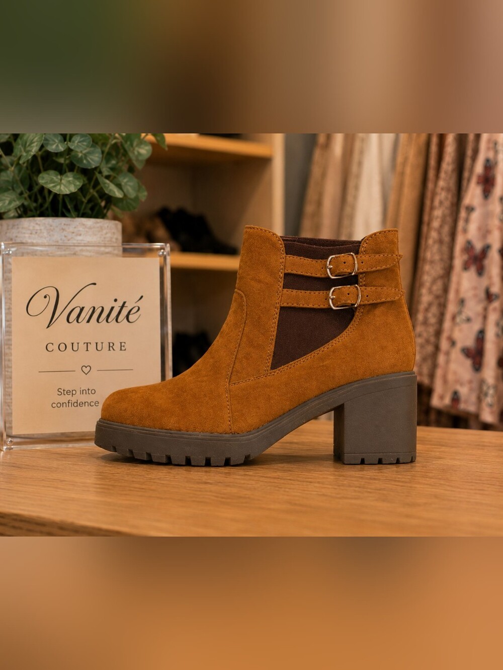 VANITE COUTURE VEGAN LEATHER Caramel Tan Ankle Boots with Double Buckle